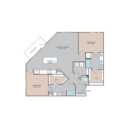 Floor plan for 2 beds, 2 baths, 1363 sqft